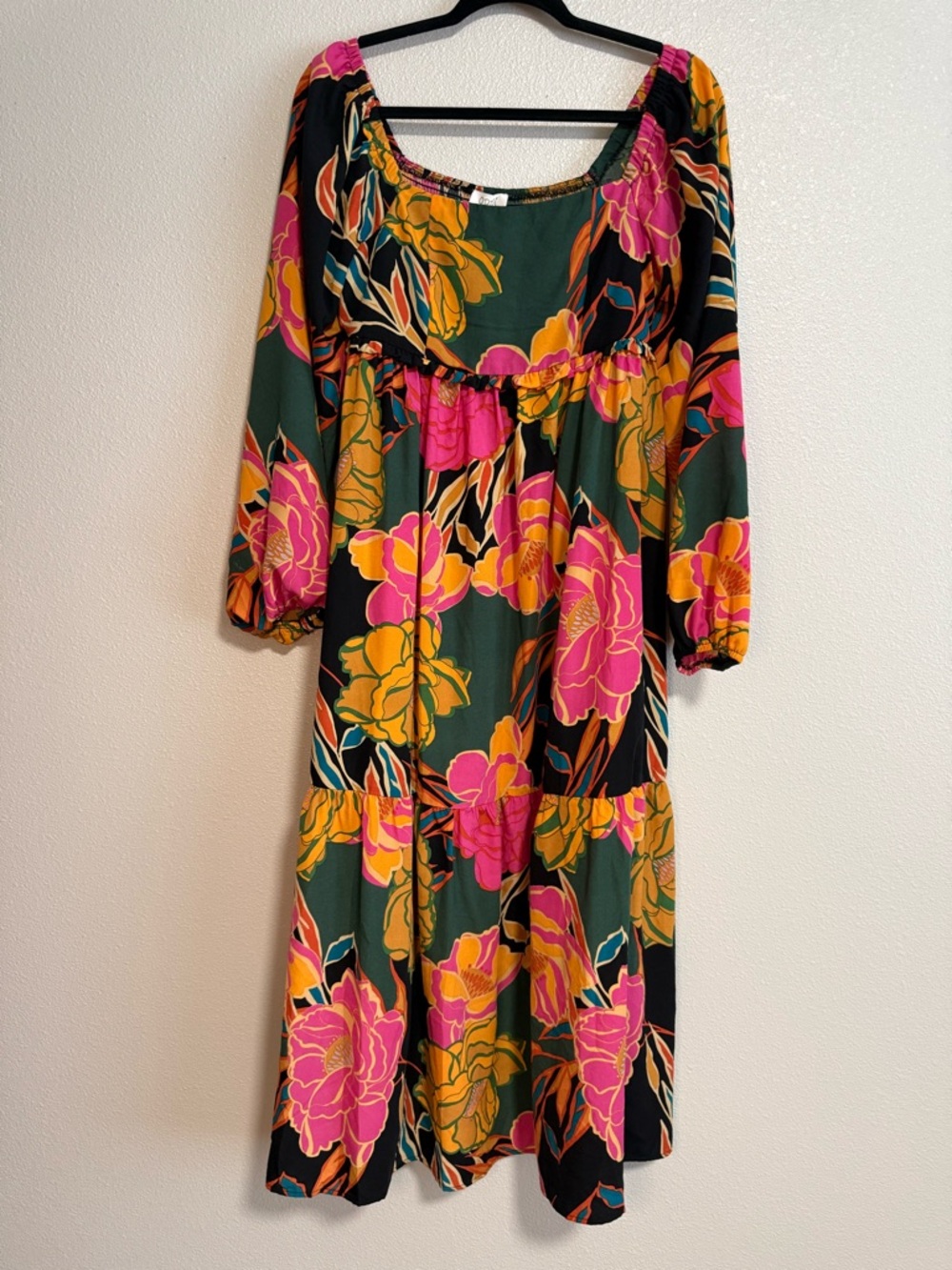 ODDY Green Midi Dress with Pink & Mustard Floral Print